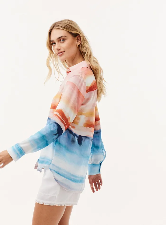 Women Bella Dahl Long Sleeve Satin Side Slit Button Down 8211 Horizon Sunset Print HORIZON SUNSET PRINT