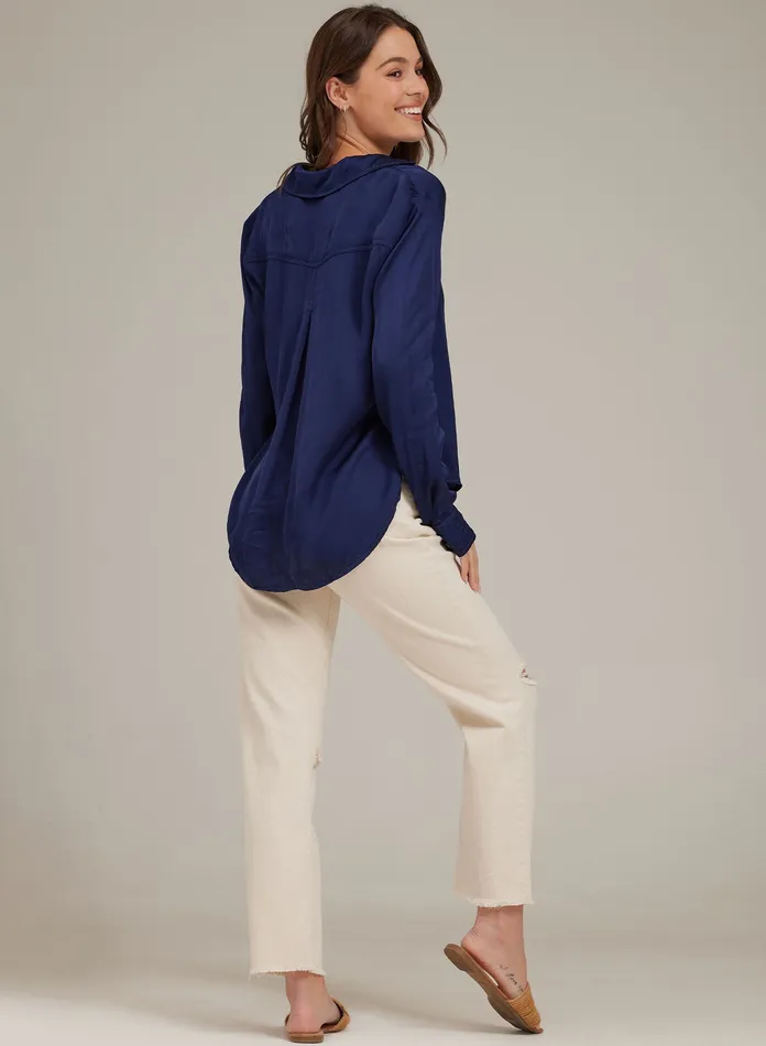 Women Bella Dahl Long Sleeve Satin Side Slit Button Down 8211 Midnight Royal MIDNIGHT ROYAL