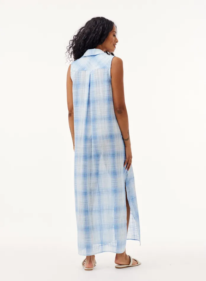 Women Bella Dahl Maxi Dresses Sleeveless Duster Dress 8211 Heather Blue Plaid HEATHER BLUE PLAID