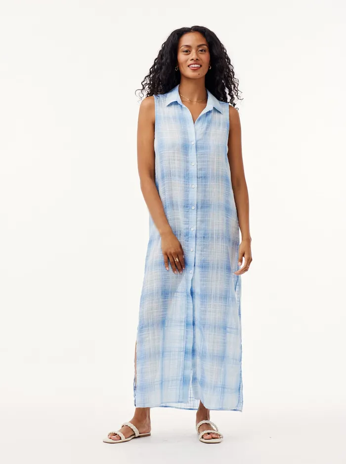 Women Bella Dahl Maxi Dresses Sleeveless Duster Dress 8211 Heather Blue Plaid HEATHER BLUE PLAID