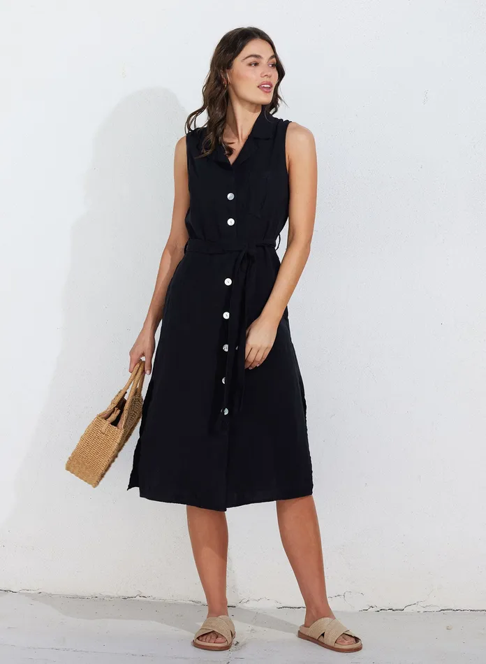 Women Bella Dahl Midi Dresses Belted Utility Linen Dress 8211 Black BLACK