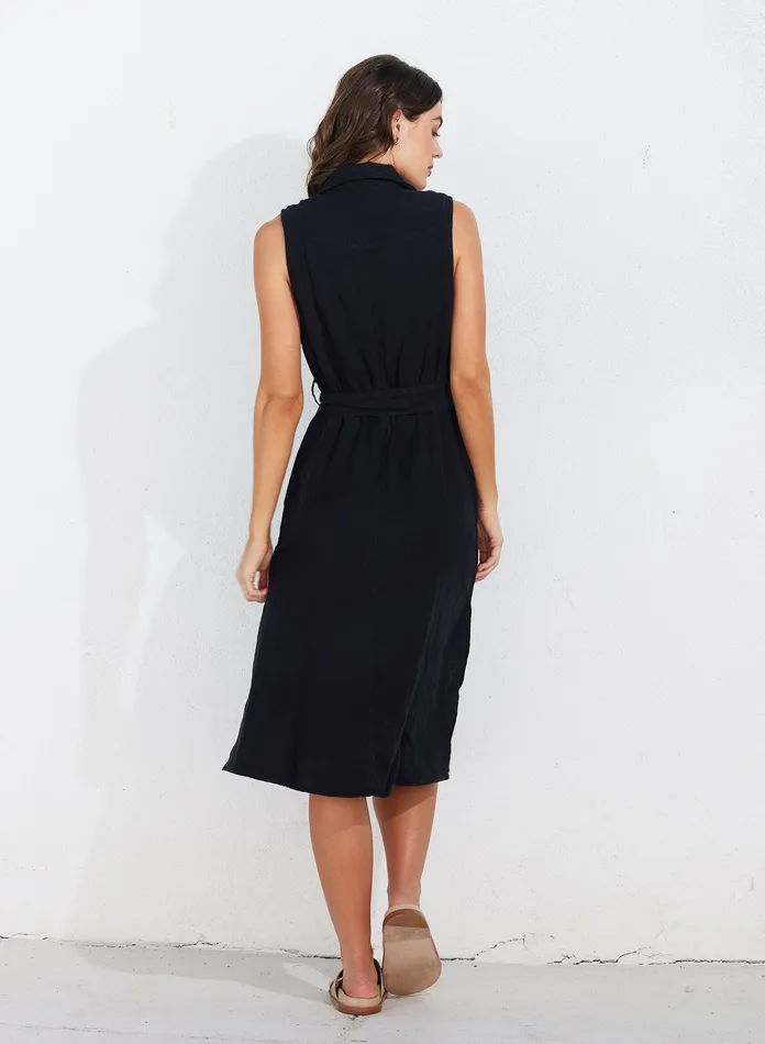 Women Bella Dahl Midi Dresses Belted Utility Linen Dress 8211 Black BLACK