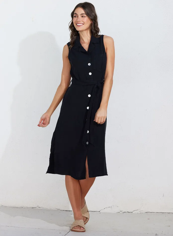 Women Bella Dahl Midi Dresses Belted Utility Linen Dress 8211 Black BLACK