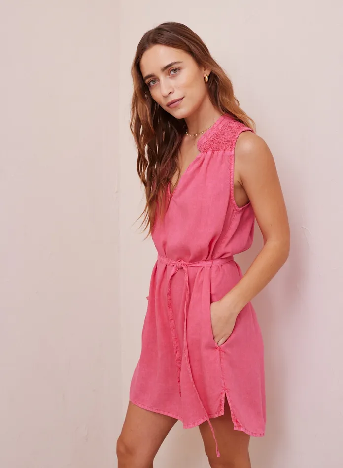 Women Bella Dahl Mini Dresses Belted Smocked Yoke Mini Dress 8211 Havana Pink HAVANA PINK