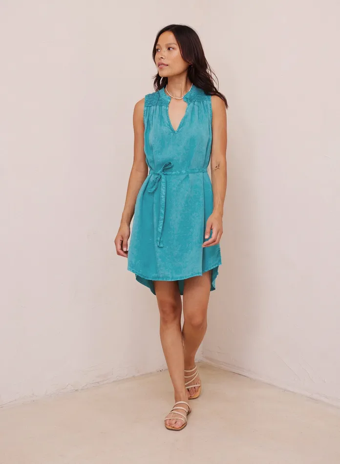 Women Bella Dahl Mini Dresses Belted Smocked Yoke Mini Dress 8211 Tropical Teal TROPICAL TEAL
