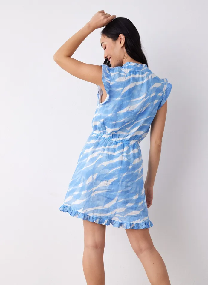 Women Bella Dahl Mini Dresses Ruffle Sleeve Linen Mini Dress 8211 Laguna Waves Print LAGUNA WAVES PRINT