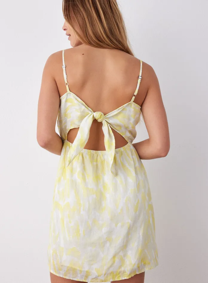 Women Bella Dahl Mini Dresses Tie Back Mini Linen Dress 8211 Layered Spots Print LAYERED SPOTS PRINT