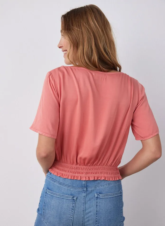 Women Bella Dahl Short Sleeve Satin Smocked Waist Top 8211 Blushed Coral BLUSHED CORAL