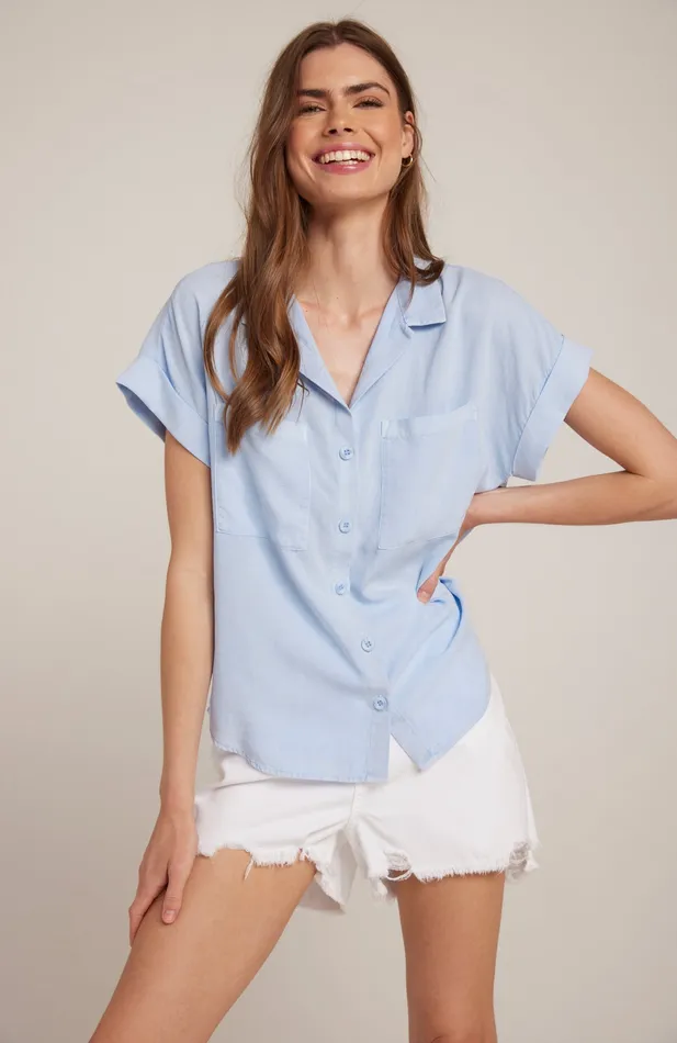 Women Bella Dahl Short Sleeve Short Sleeve Tencel Button Down 8211 Blue Oasis BLUE OASIS