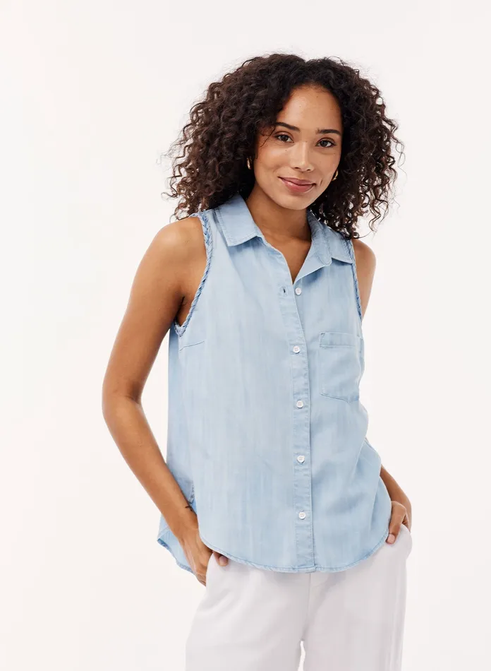 Women Bella Dahl Sleeveless Sleeveless Button Down W Braided Trim 8211 Light Indigo Wash LIGHT INDIGO WASH Women Bella Dahl Sleeveless Sleeveless Button Down W Braided Trim 8211 Light Indigo Wash LIGHT INDIGO WASH
