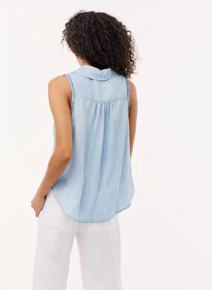 Women Bella Dahl Sleeveless Sleeveless Button Down W Braided Trim 8211 Light Indigo Wash LIGHT INDIGO WASH