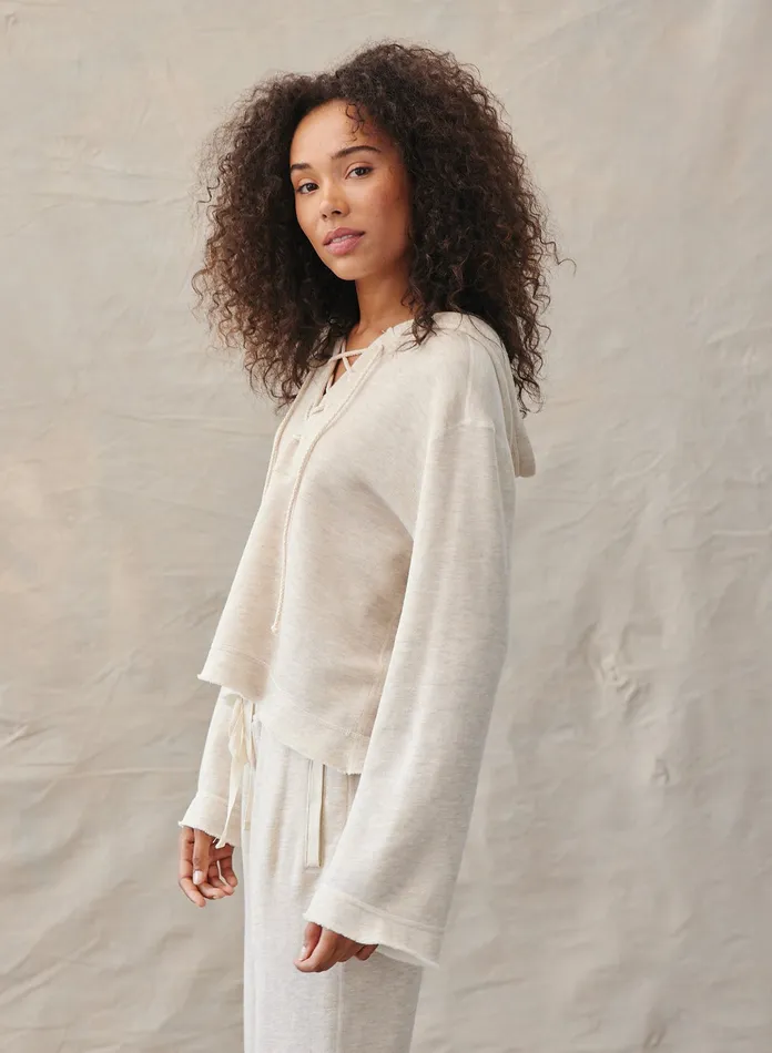 Women Bella Dahl Sweaters and Jackets Bell Sleeve Lace Up Hoodie 8211 Heather Oat HEATHER OAT