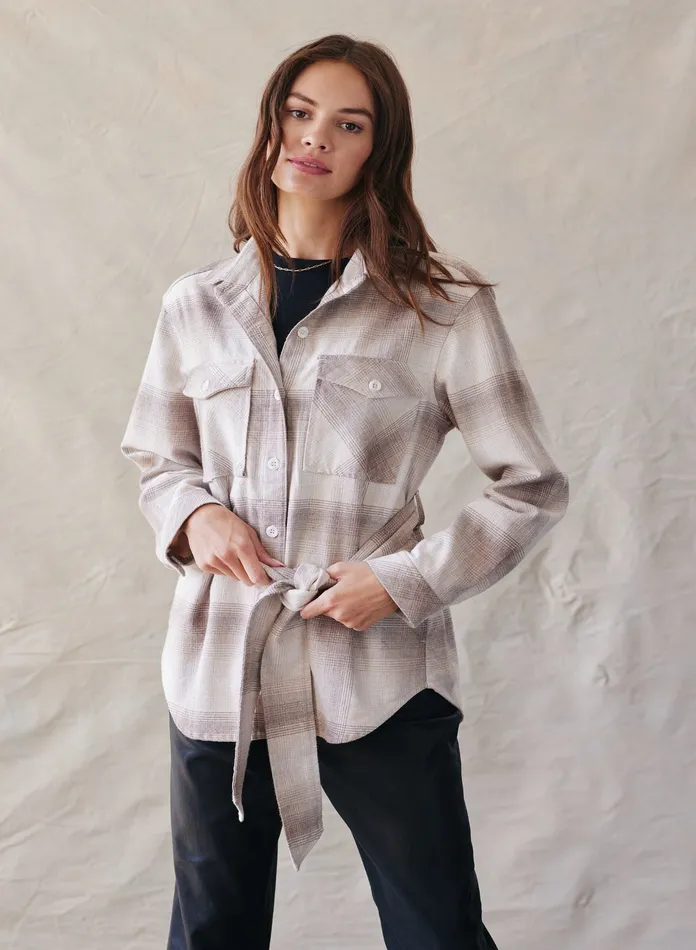 Women Bella Dahl Sweaters and Jackets Flap Pocket Belted Jacket 8211 Heather Oat Plaid HEATHER OAT PLAID Women Bella Dahl Sweaters and Jackets Flap Pocket Belted Jacket 8211 Heather Oat Plaid HEATHER OAT PLAID