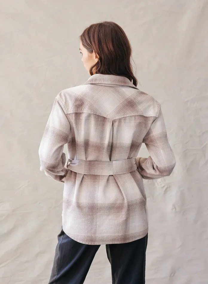 Women Bella Dahl Sweaters and Jackets Flap Pocket Belted Jacket 8211 Heather Oat Plaid HEATHER OAT PLAID