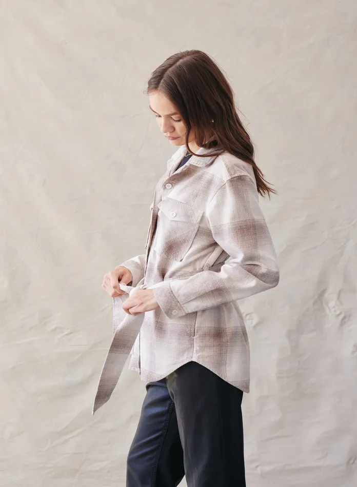 Women Bella Dahl Sweaters and Jackets Flap Pocket Belted Jacket 8211 Heather Oat Plaid HEATHER OAT PLAID