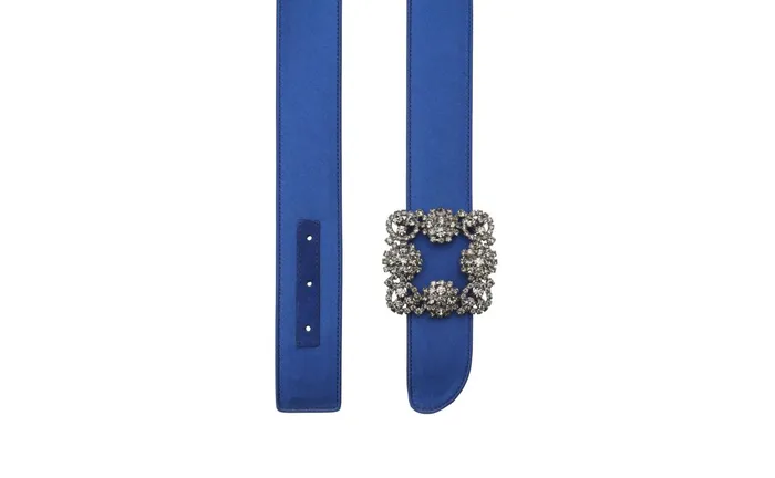 Women Belts Manolo Blahnik HANGISI BELT Blue Satin Crystal Buckled Belt