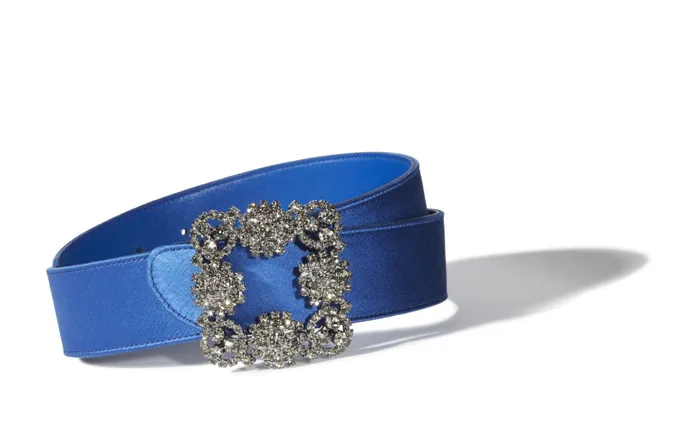 Women Belts Manolo Blahnik HANGISI BELT Blue Satin Crystal Buckled Belt Women Belts Manolo Blahnik HANGISI BELT Blue Satin Crystal Buckled Belt