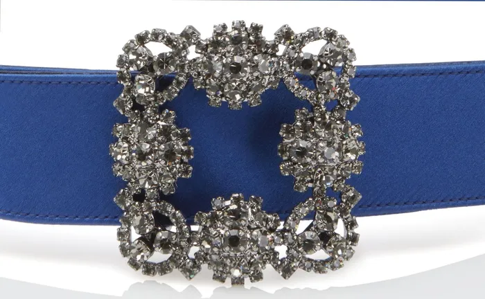 Women Belts Manolo Blahnik HANGISI BELT Blue Satin Crystal Buckled Belt Women Belts Manolo Blahnik HANGISI BELT Blue Satin Crystal Buckled Belt