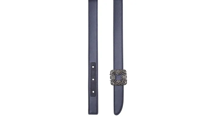 Women Belts Manolo Blahnik HANGISI BELT MINI BlueGrey Satin Crystal Buckled Belt
