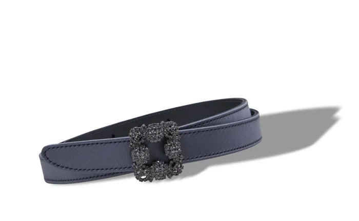 Women Belts Manolo Blahnik HANGISI BELT MINI BlueGrey Satin Crystal Buckled Belt Women Belts Manolo Blahnik HANGISI BELT MINI BlueGrey Satin Crystal Buckled Belt