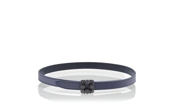 Women Belts Manolo Blahnik HANGISI BELT MINI BlueGrey Satin Crystal Buckled Belt Women Belts Manolo Blahnik HANGISI BELT MINI BlueGrey Satin Crystal Buckled Belt