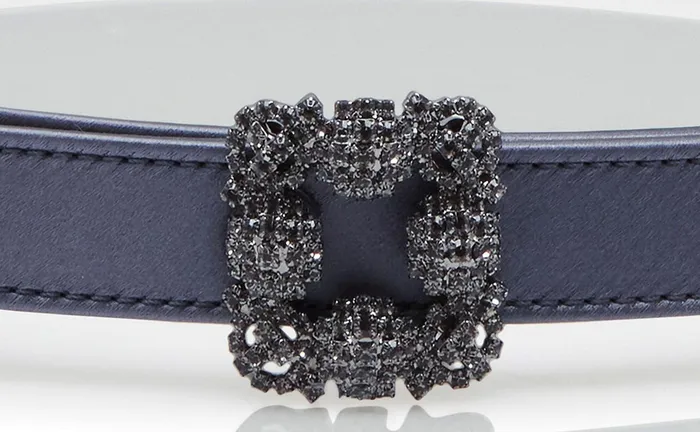 Women Belts Manolo Blahnik HANGISI BELT MINI BlueGrey Satin Crystal Buckled Belt Women Belts Manolo Blahnik HANGISI BELT MINI BlueGrey Satin Crystal Buckled Belt