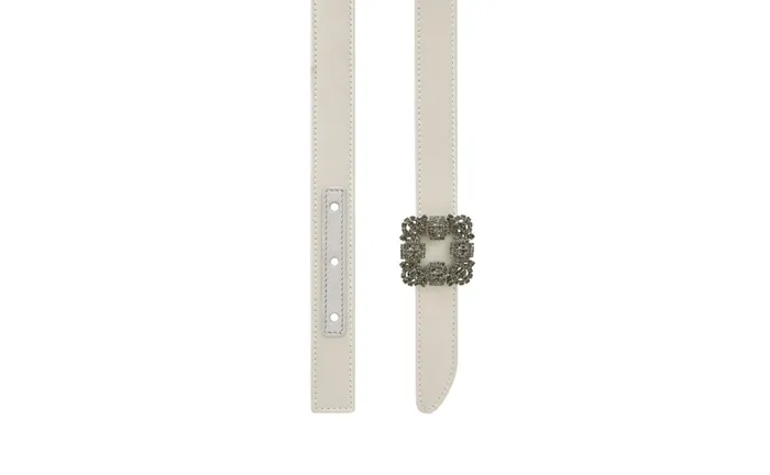 Women Belts Manolo Blahnik HANGISI BELT MINI OffWhite Satin Crystal Buckled Belt