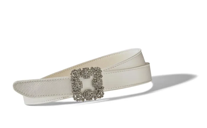 Women Belts Manolo Blahnik HANGISI BELT MINI OffWhite Satin Crystal Buckled Belt Women Belts Manolo Blahnik HANGISI BELT MINI OffWhite Satin Crystal Buckled Belt