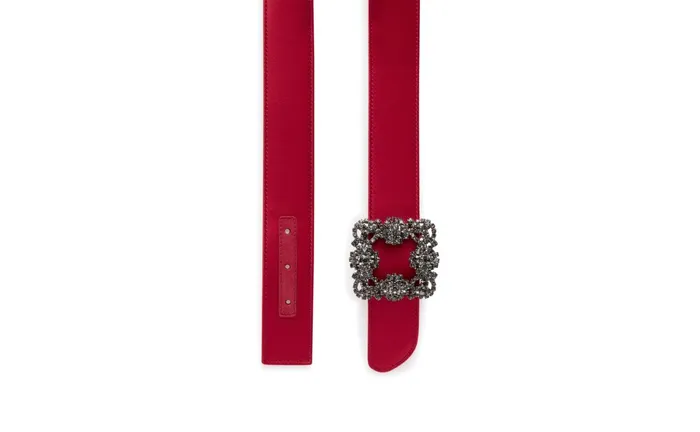 Women Belts Manolo Blahnik HANGISI BELT Red Satin Crystal Buckled Belt