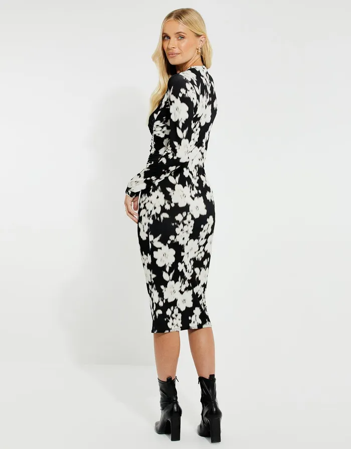 Women Black and White Floral Ruched Midi Dress Black and White Threadbare Dresses