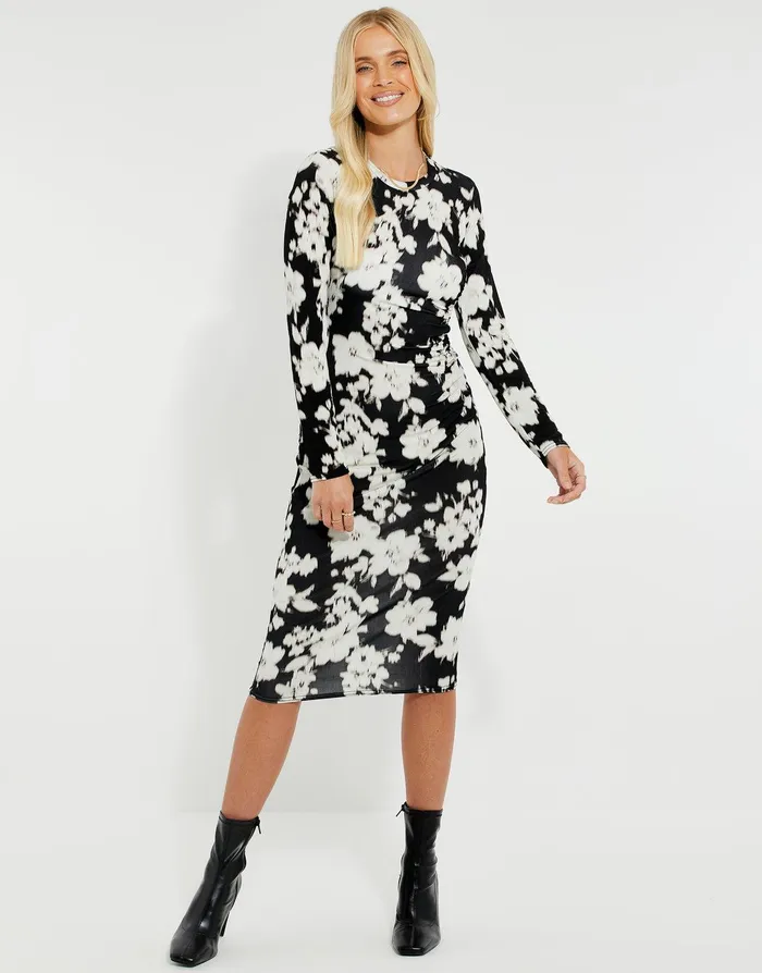Women Black and White Floral Ruched Midi Dress Black and White Threadbare Dresses