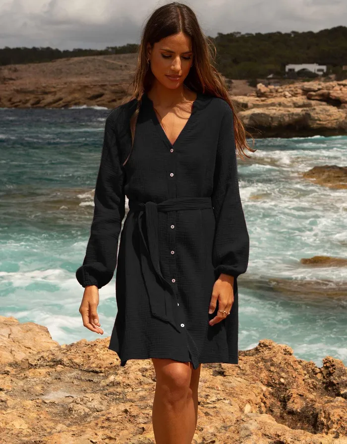 Women Black Belted Grandad Collar Cotton Crinkle Shirt Dress Black Threadbare Dresses Women Black Belted Grandad Collar Cotton Crinkle Shirt Dress Black Threadbare Dresses