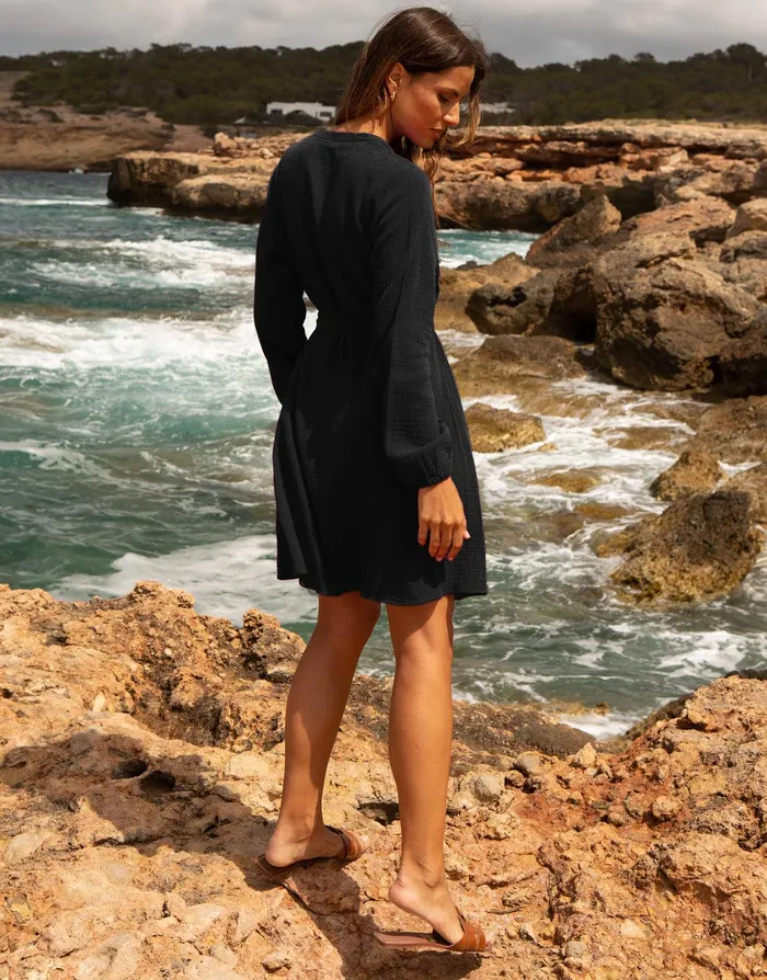 Women Black Belted Grandad Collar Cotton Crinkle Shirt Dress Black Threadbare Dresses Women Black Belted Grandad Collar Cotton Crinkle Shirt Dress Black Threadbare Dresses