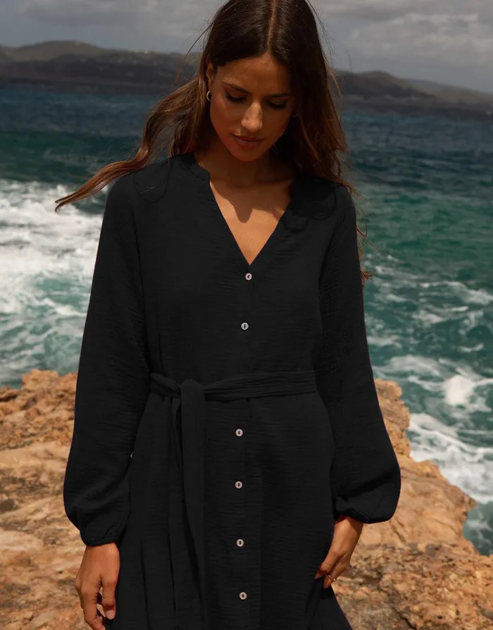 Women Black Belted Grandad Collar Cotton Crinkle Shirt Dress Black Threadbare Dresses Women Black Belted Grandad Collar Cotton Crinkle Shirt Dress Black Threadbare Dresses