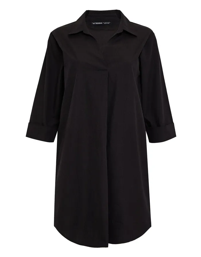 Women Black Cotton Poplin V Neck Collared Shirt Dress With Pockets Black Threadbare Dresses Women Black Cotton Poplin V Neck Collared Shirt Dress With Pockets Black Threadbare Dresses