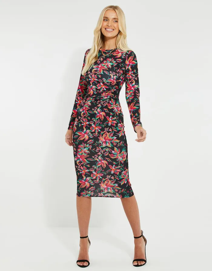 Women Black Floral Ruched Midi Dress Black Threadbare Dresses