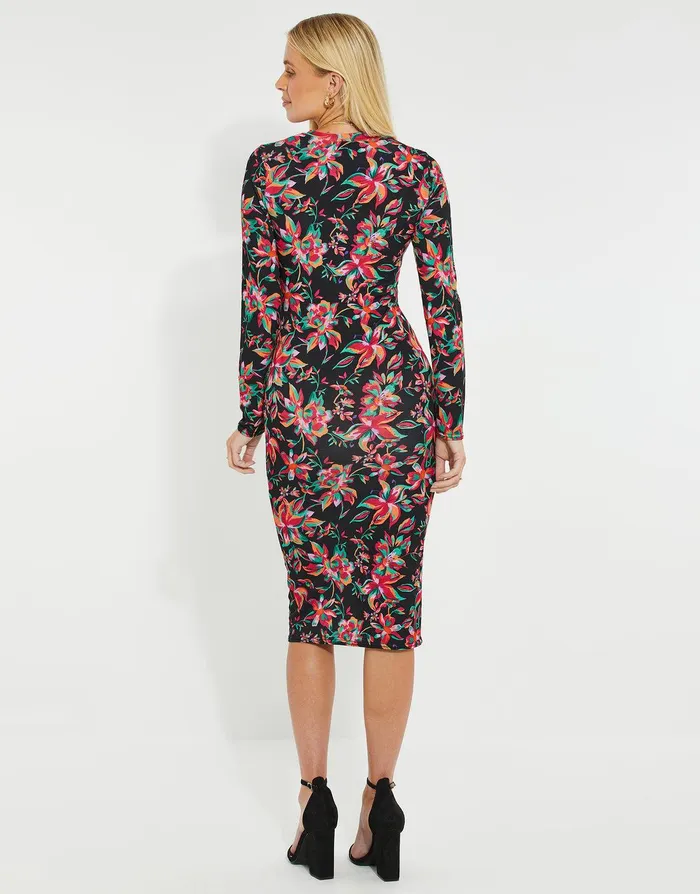 Women Black Floral Ruched Midi Dress Black Threadbare Dresses Women Black Floral Ruched Midi Dress Black Threadbare Dresses