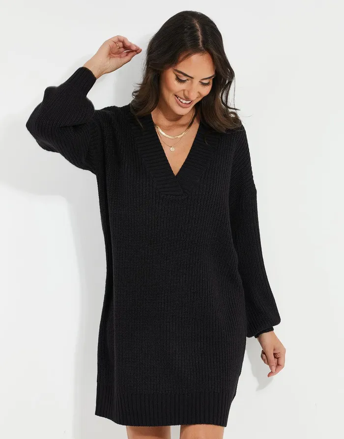 Women Black Knitted Jumper Dress Black Threadbare Dresses
