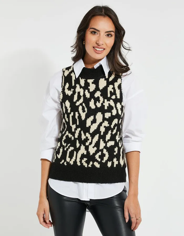 Women Black Leopard Print Knitted Vest Black Leopard Threadbare Tops Women Black Leopard Print Knitted Vest Black Leopard Threadbare Tops