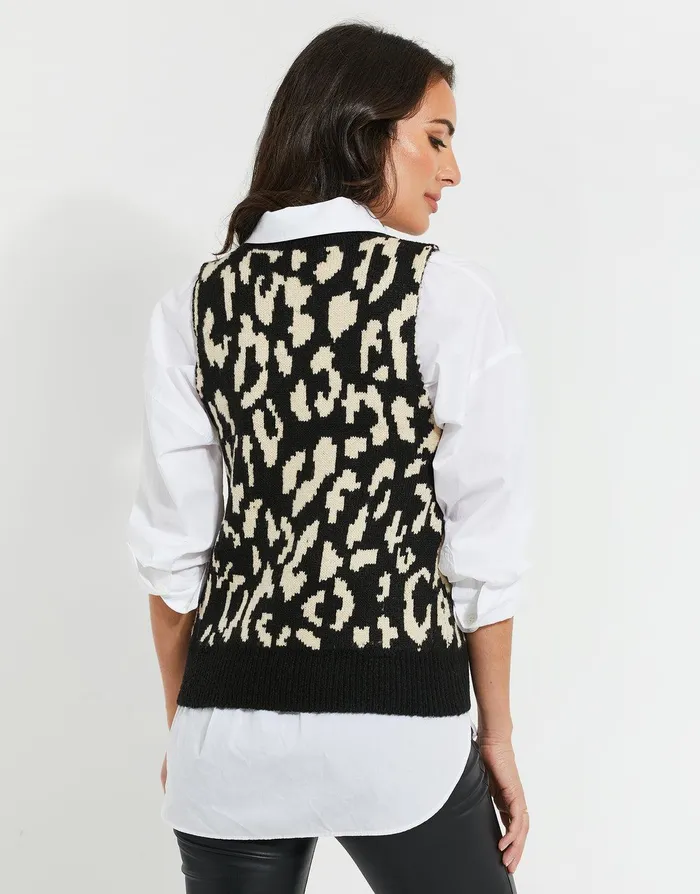 Women Black Leopard Print Knitted Vest Black Leopard Threadbare Tops Women Black Leopard Print Knitted Vest Black Leopard Threadbare Tops