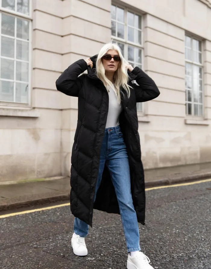 Women Black Longline Padded Puffer Jacket Black Threadbare Jackets and Coats