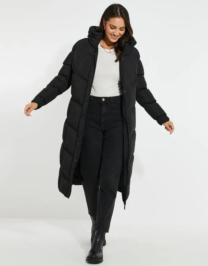 Women Black Longline Padded Puffer Jacket Black Threadbare Jackets and Coats