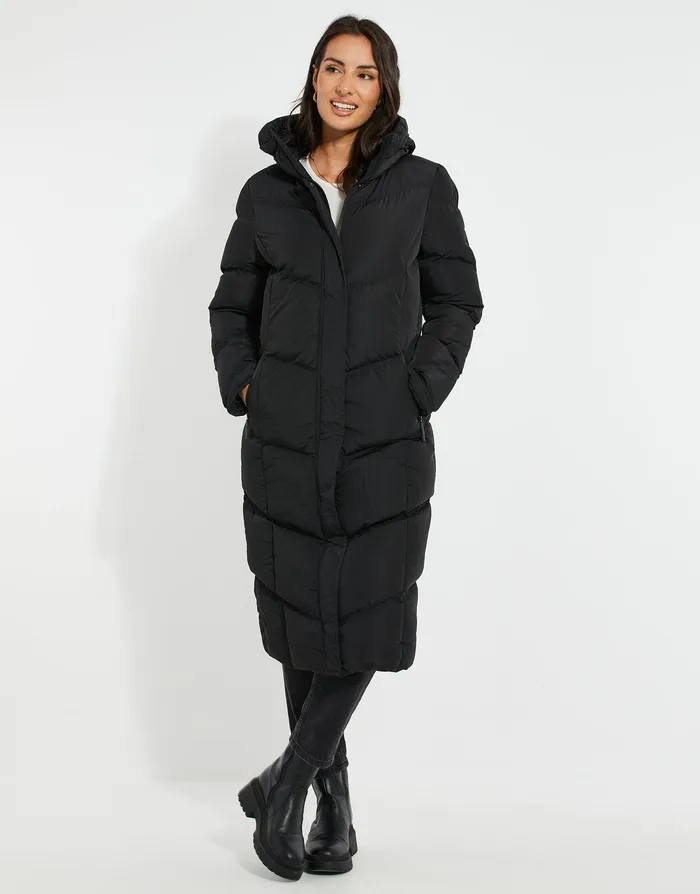 Women Black Longline Padded Puffer Jacket Black Threadbare Jackets and Coats