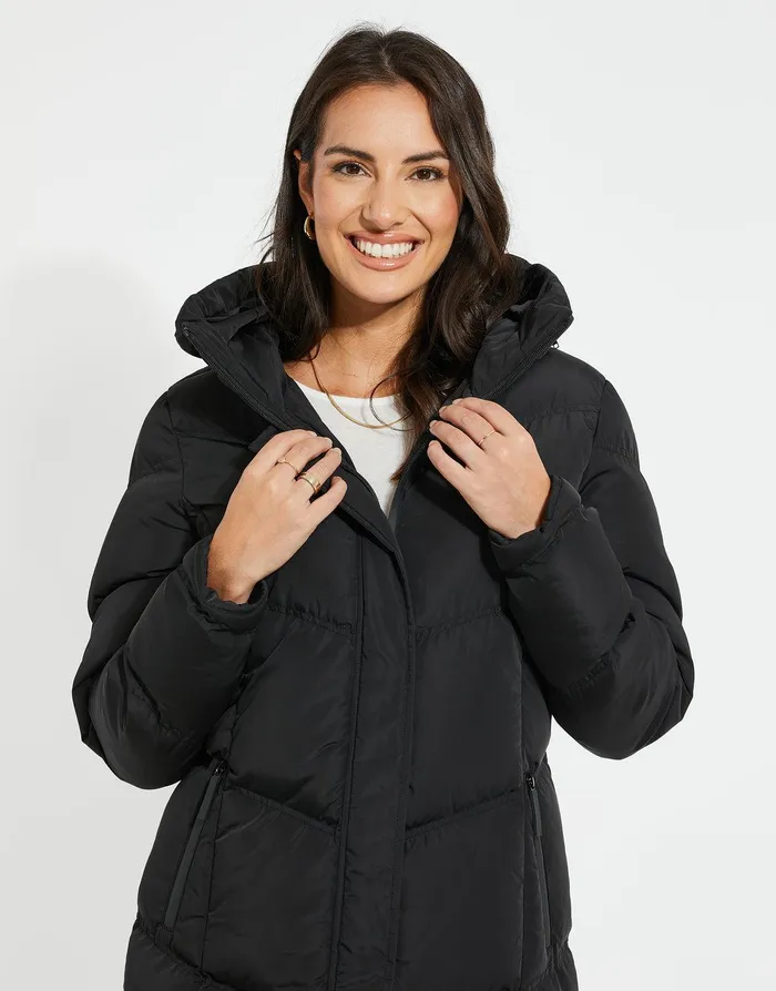 Women Black Longline Padded Puffer Jacket Black Threadbare Jackets and Coats