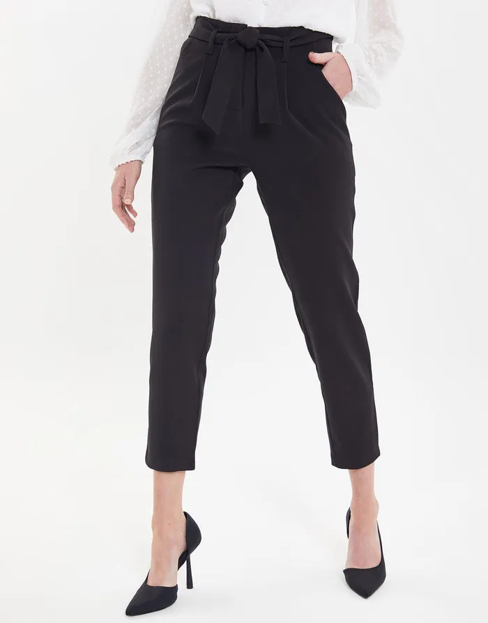 Women Black Paperbag Waist Trousers Black Threadbare Trousers