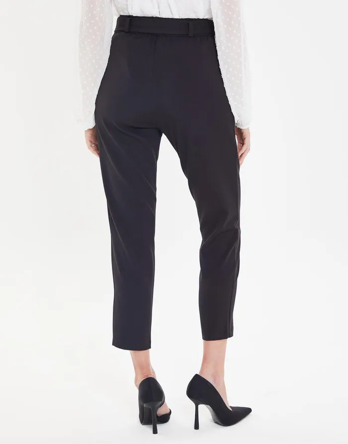 Women Black Paperbag Waist Trousers Black Threadbare Trousers