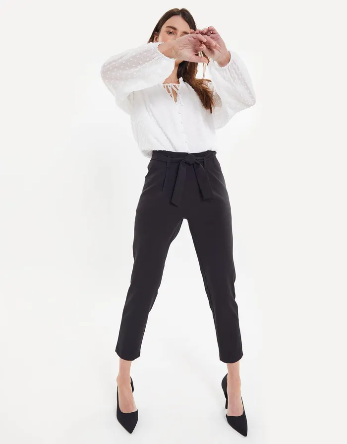 Women Black Paperbag Waist Trousers Black Threadbare Trousers