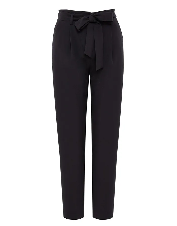 Women Black Paperbag Waist Trousers Black Threadbare Trousers