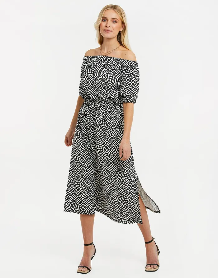 Women Black Polka Dot Jersey Bardot Midi Dress Black Threadbare Dresses