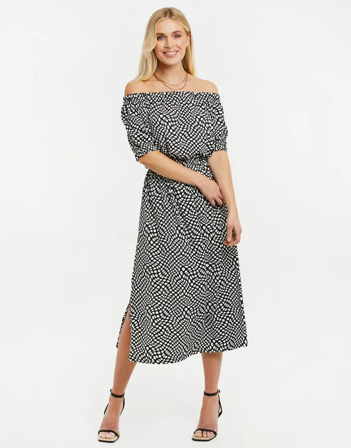 Women Black Polka Dot Jersey Bardot Midi Dress Black Threadbare Dresses Women Black Polka Dot Jersey Bardot Midi Dress Black Threadbare Dresses